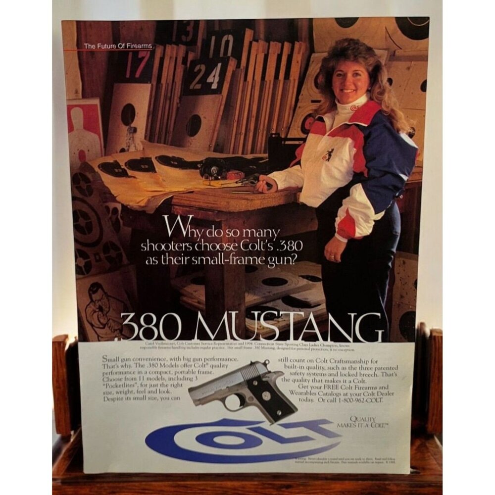 Colt 380 Mustang Vintage Print Ad 1990s Firearms Woman Champion Shooter